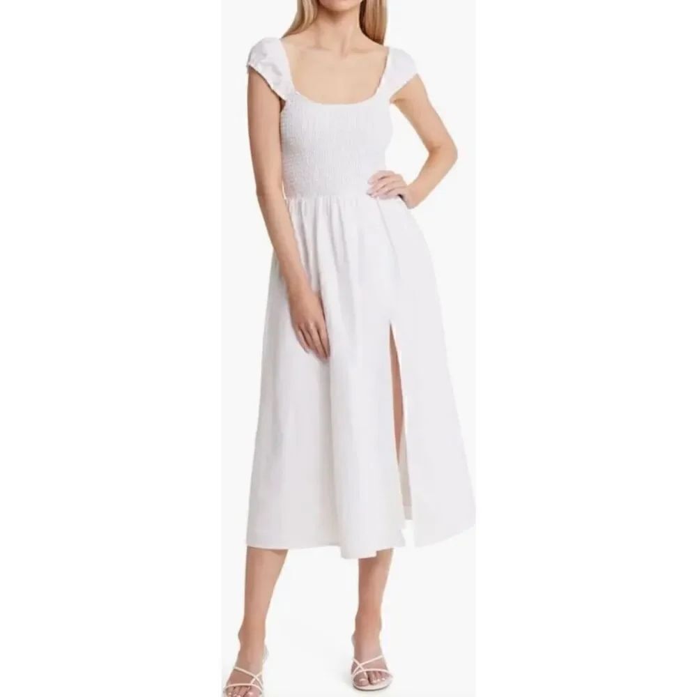Reformation Tavi Linen Smocked Midi Slit Dress in White NWOT Size Large